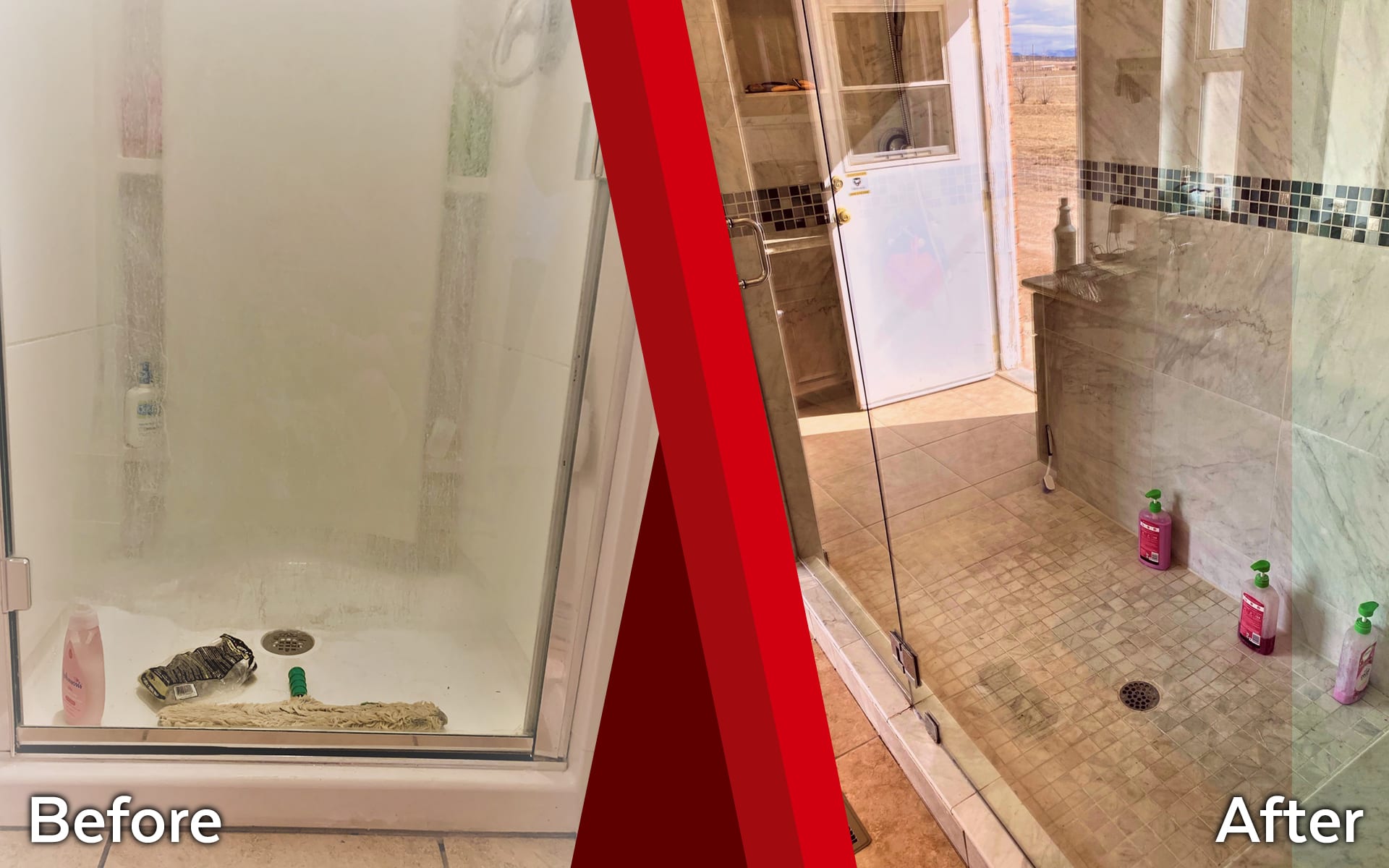 Shower glass before and clean after.